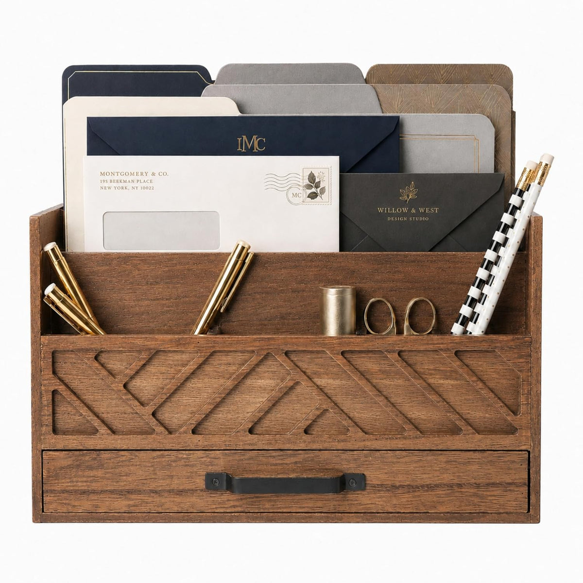 BLU MONACO | Wooden Mail Organizer with Drawer and Gold Handle | Mail Sorter Organizer Countertop for Desk | Outgoing Mail Holder and Letter Sorter for Desk Storage
