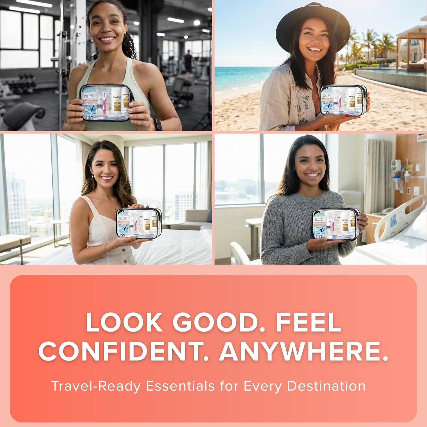 15 Piece Set Women’s Travel & Hygiene Kit with Clear Toiletry Bag, Personal Care Essentials, Single Kit or Bulk Case Packs, TSA Approved Toiletry Kit for Travel, Vacation, Everyday Essentials