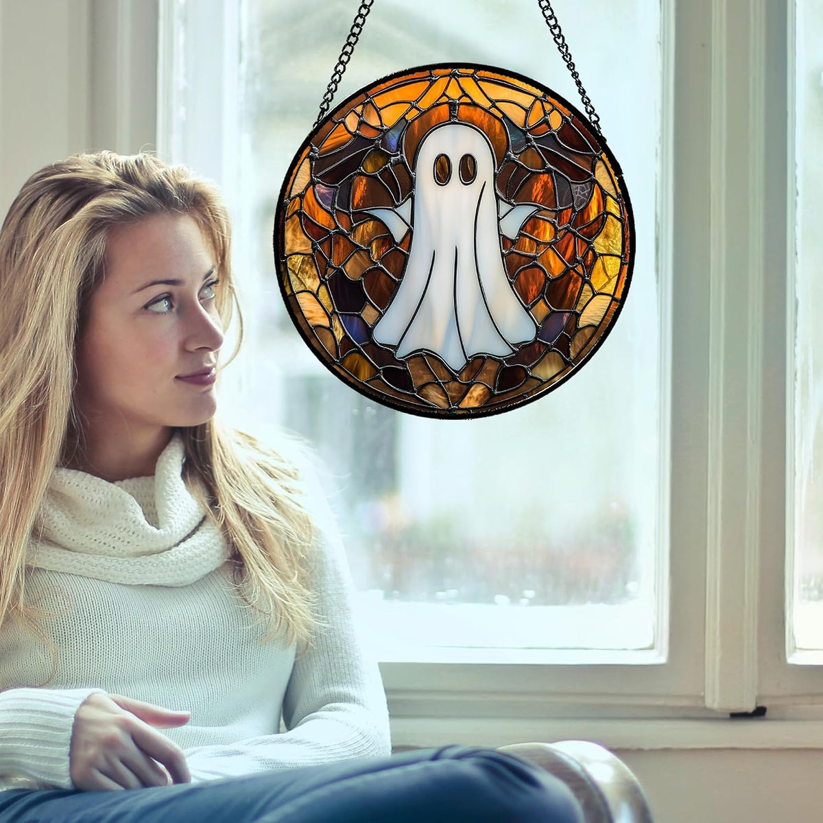 DASTOLL Stained Glass Window Hanging Halloween White Horror Ghost Large 11.8" - Suncatcher Door Garden Kitchen Sun Catcher Home Gothic Decor Birthday for Mom Men Woman Friend Grandma