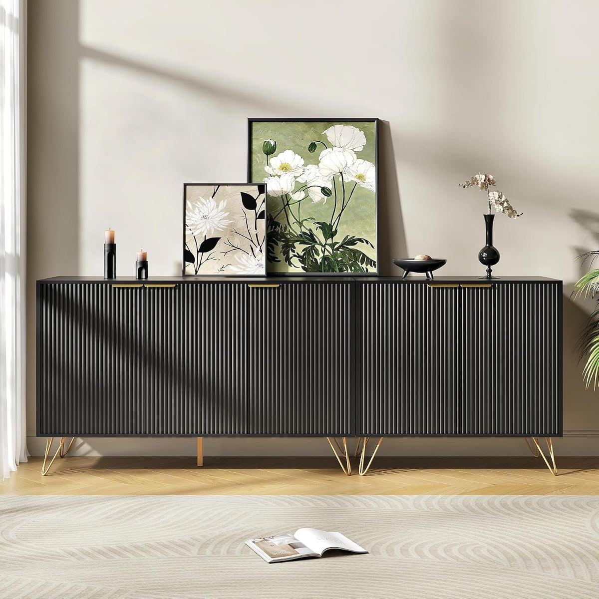 75 inch TV Stand with 5 Fluted Doors and Adjustable Shelves, Black丨Modern Entertainment Center Cabinet, Wood Media Console Storage Cabinets for Living Room Bedroom
