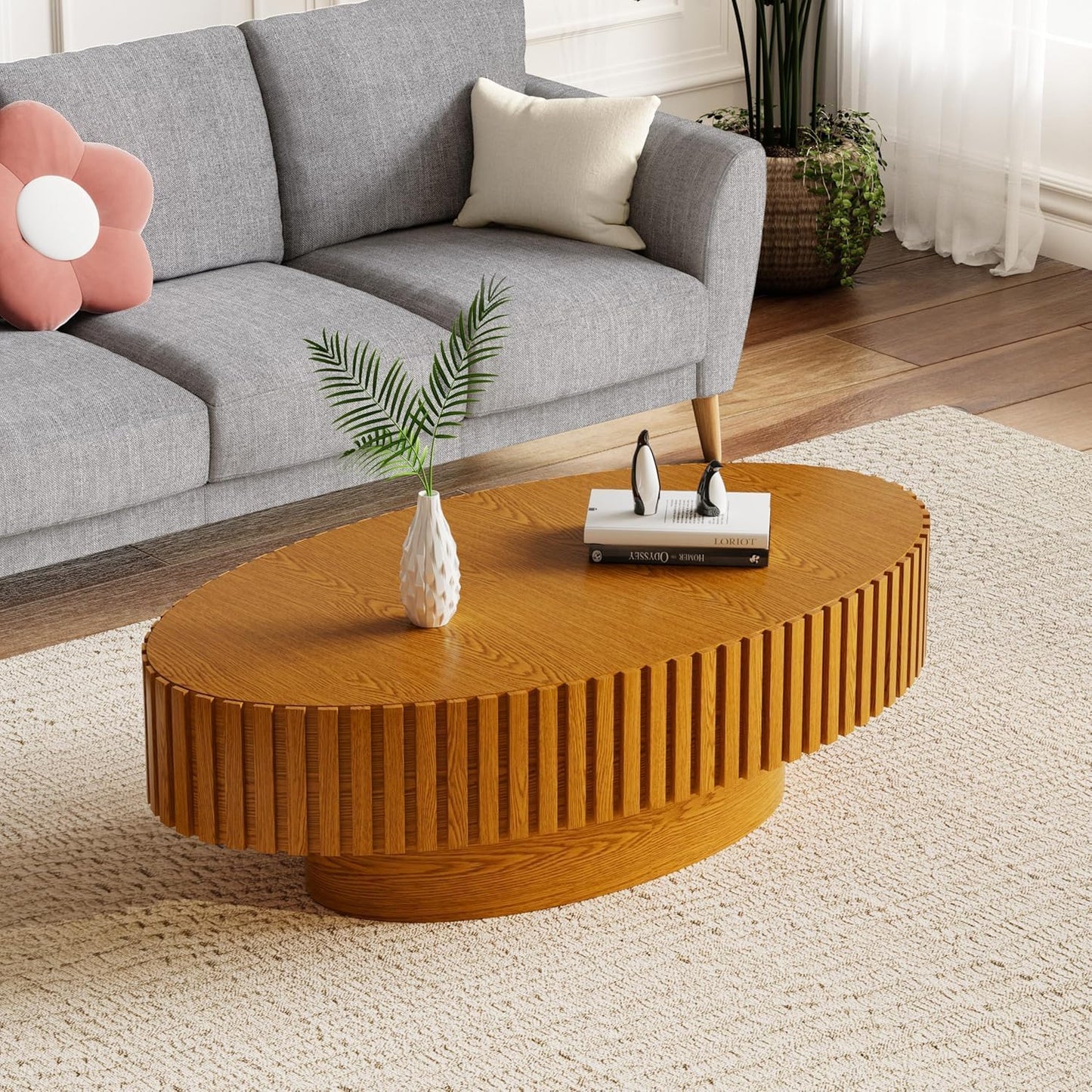 Light Brown Oval Fluted Coffee Table for Living Room (43"Oval Natural) | Handcrafted Relief Wood, Drum Coffee Table for Office Outdoor