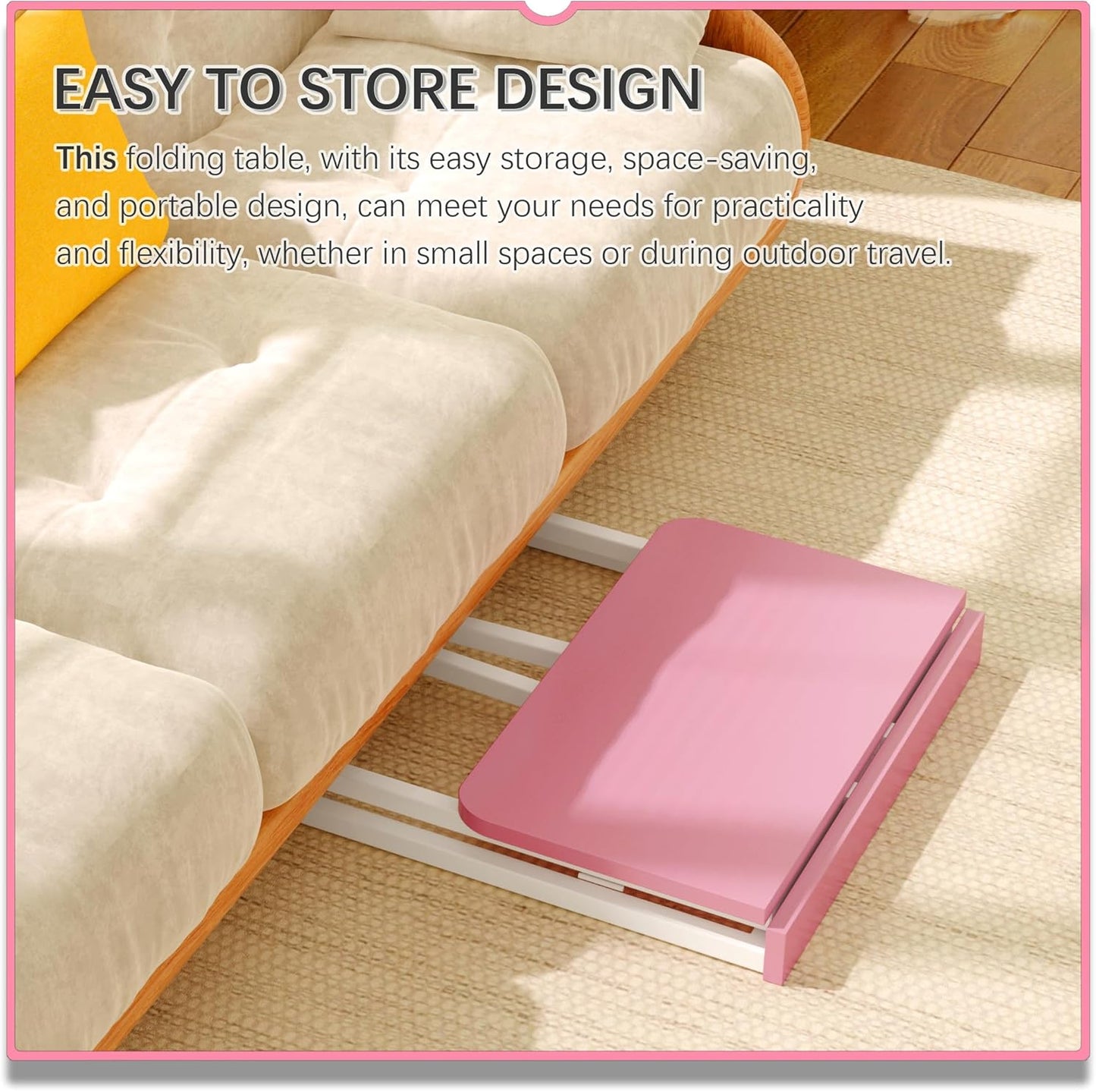 4NM 23.6" Mobile Small Folding Desk, Foldable Rolling Computer Home Office Desk, Study Writing Table for Small Space Saving Bedroom, with Wheels - Pink and White