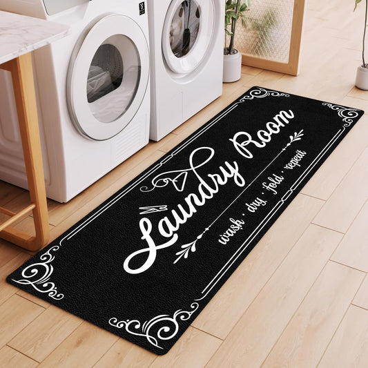 XLHOMO Laundry Room Rug Runner, 17"x60" Non Slip Black Nappa Leather Laundry Rugs, Farmhouse Washable Floor Laundry Mats for Laundry Room, Kitchen, Washroom, Bathroom, Mudroom, Hallway Entryway Decor