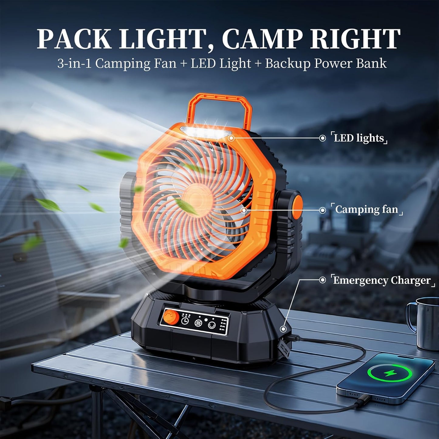 AJVV Camping Fan, Oscillating Battery Powered Portable Rechargeable Hanging Tent Fan with Light and Remote for Camp, Outdoor, Emergency Power Outage, Fishing, RV Travel, Orange