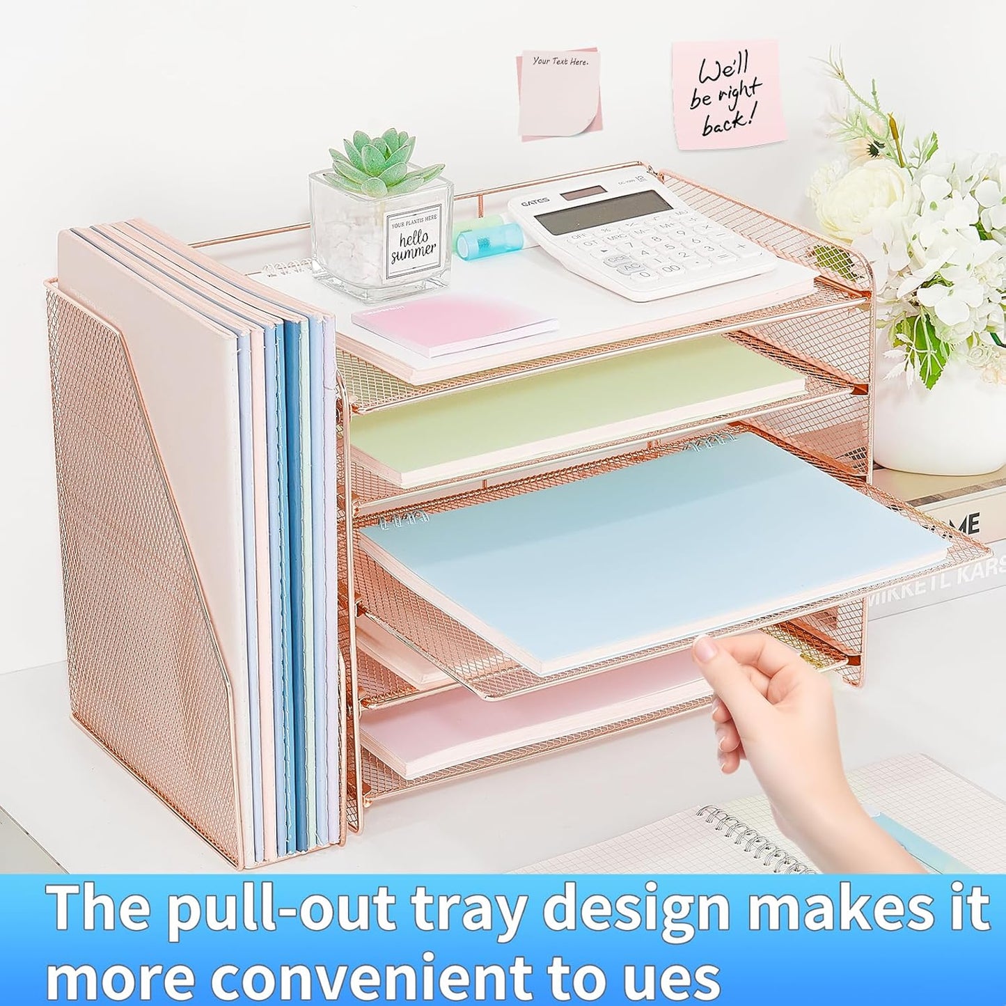 OPNICE Desk Organizer, 5-Tier Paper Organizer Letter Tray with Magazine Holder, Office Desk Accessories & Workspace Organizers, Desktop File Organizer for Office Supplies Storage, Rose Gold