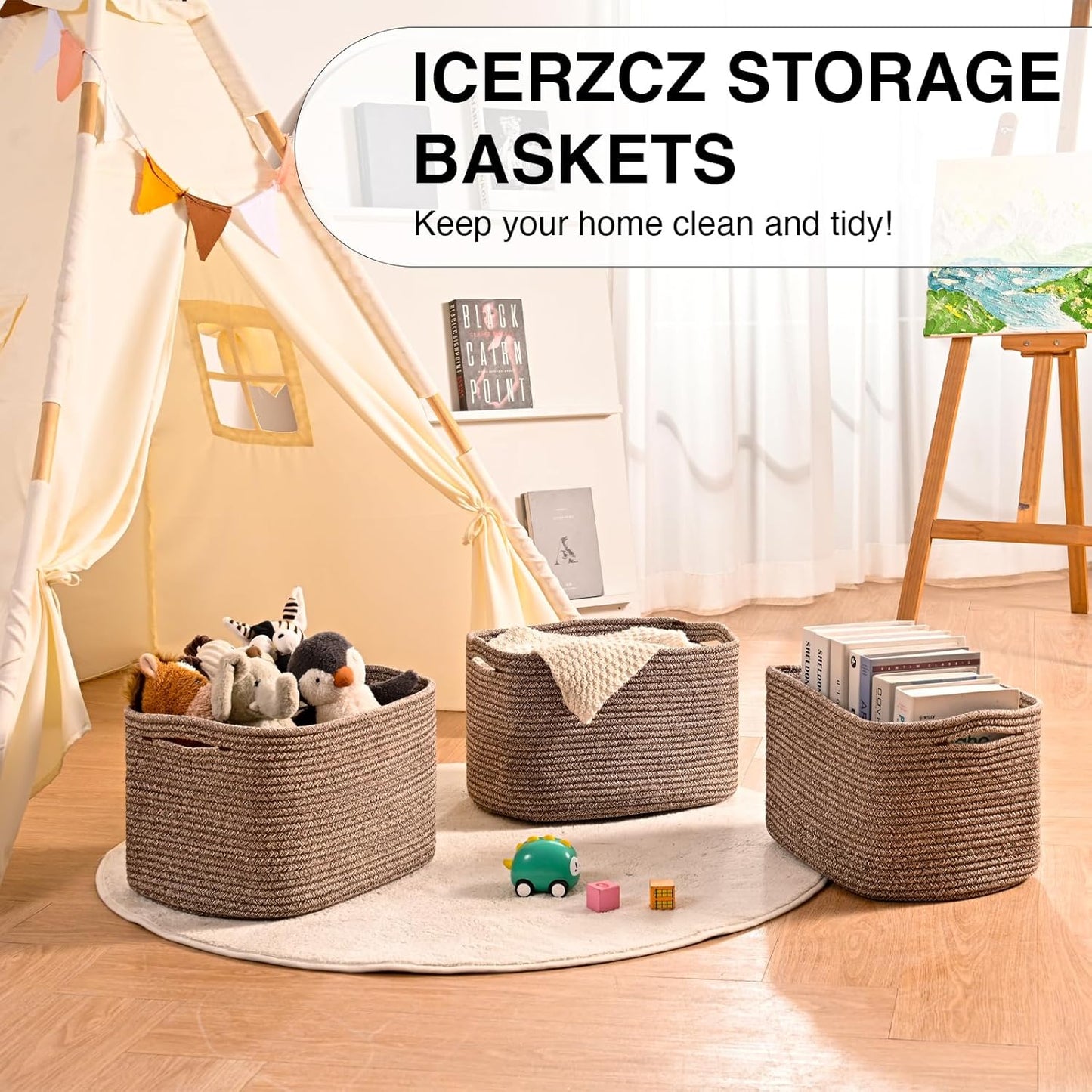 ICERZCZ Storage Baskets for Organizing Shelves, Woven Cotton Rope Bins for Baby Nursery Organization, Book Toy Towel Organizer, 15"x11"x9.5", 3 Packs, Dark Brown