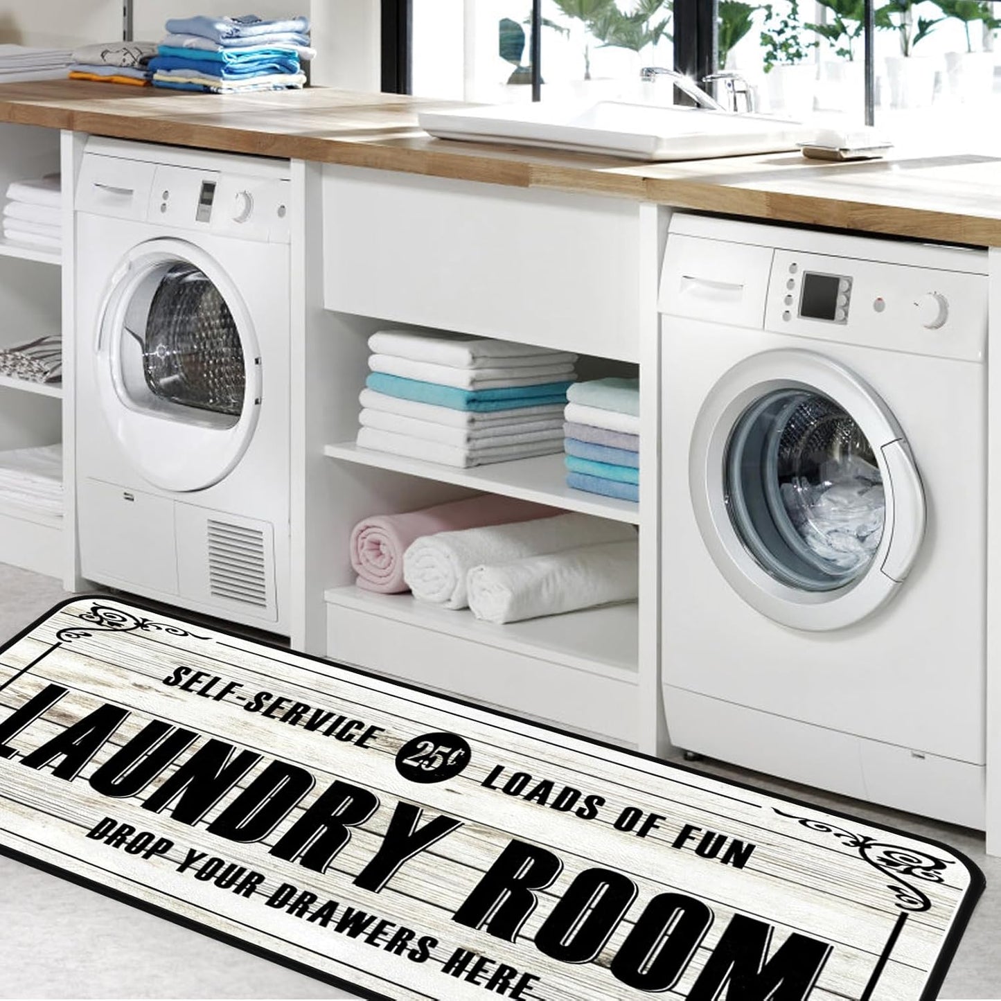 White-2 Farmhouse Laundry Room Rug Runner, Floor Mat, Waterproof Runner for Living Room, Kitchen, Bathroom, and Mudroom Decor 20''x48''