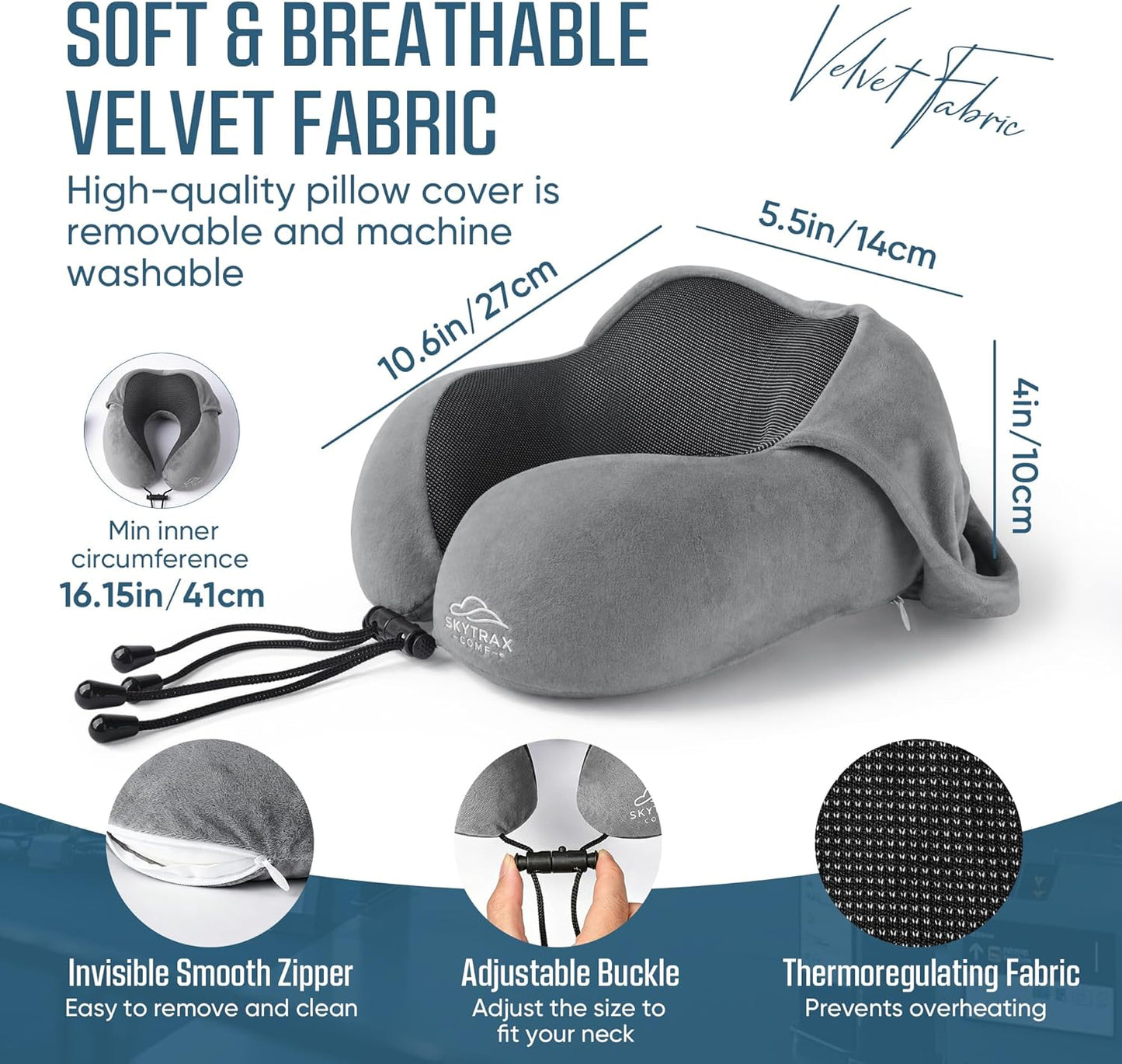 Travel Pillow with Extra Large Hood for Airplane Long Flights Privacy and Comfort Memory Foam with Velvet Cover for Road Trip Head&Neck Support for Plane Office Cars Sleeping & Rest (Light Grey)