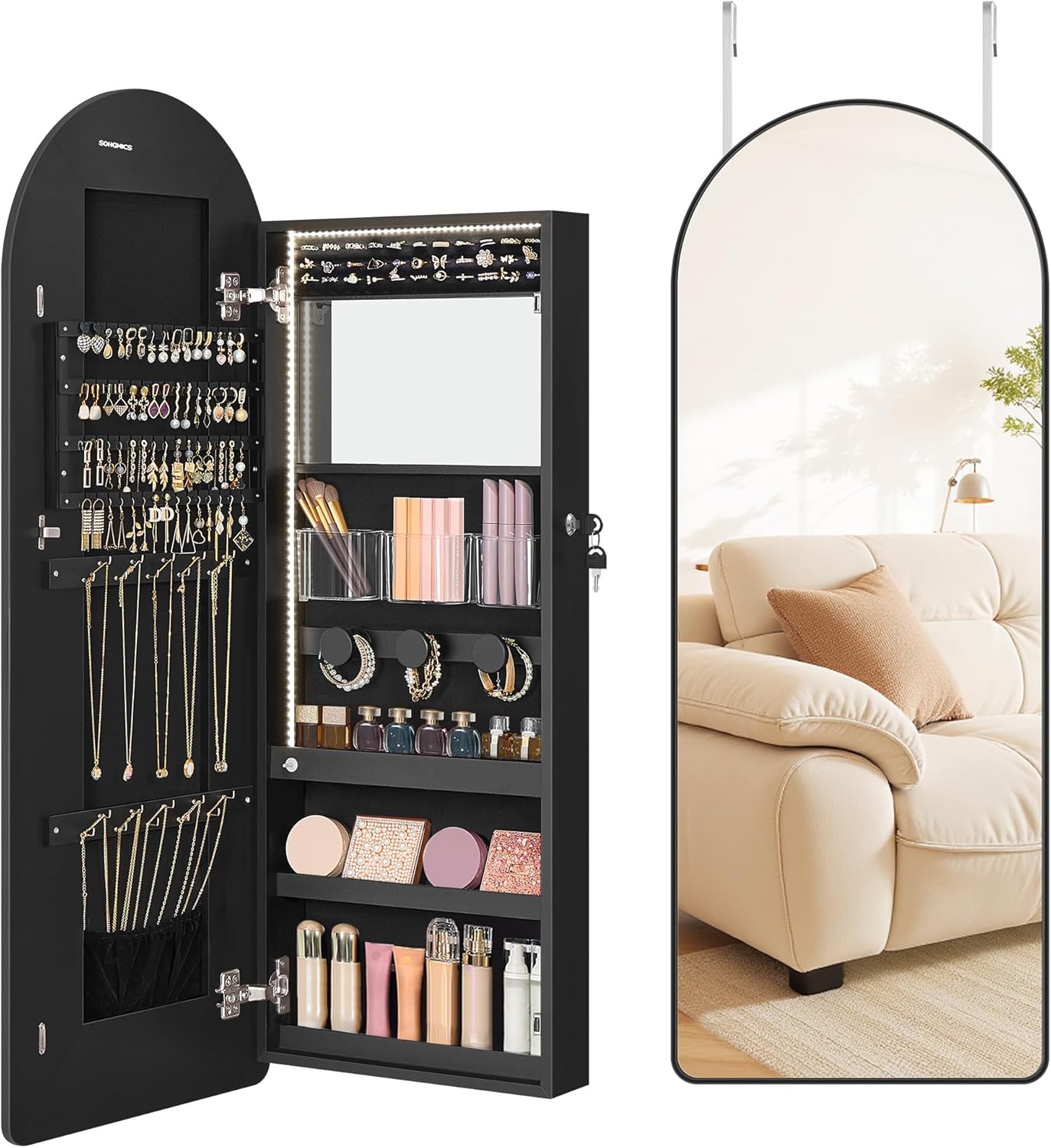 SONGMICS Wide Jewelry Organizer, LED Jewelry Cabinet Wall/Door Mounted, Arched Mirror with Storage, Lockable, Rounded Corner, Interior Mirror, 3.9 x 16.5 x 42.5 Inches, Ink Black UJJC020B01
