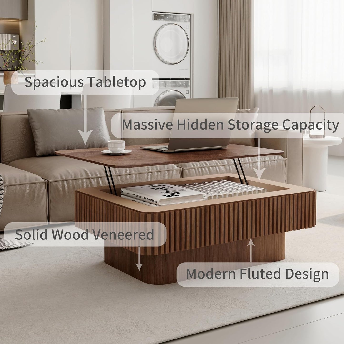 38.6'' Lift Top Coffee Table with Hidden Compartment, Modern Rectangular Fluted Wooden Center Table Cocktail Tea Table with Storage and Adjustable Height for Living Room Apartment, Walnut