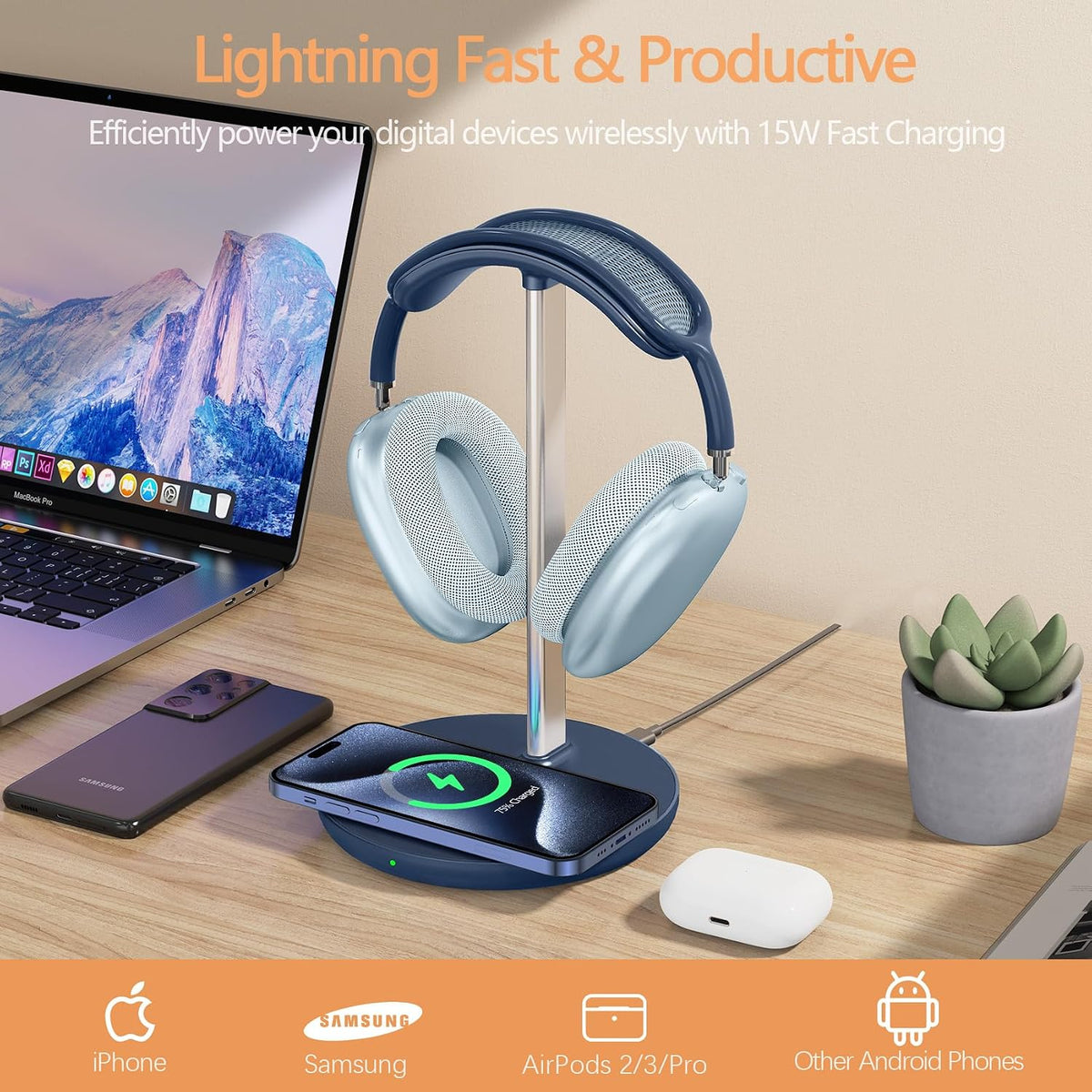 Hiwe Headphone Stand with Wireless Charger, Headset Holder for Desktop