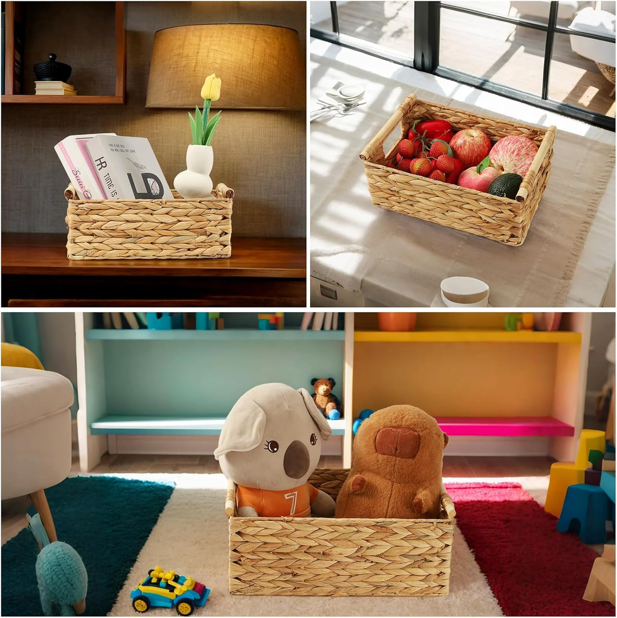 Wicker Storage Baskets for Organizing 3 Pack,Natural Water Hyacinth Ratten Baskets with Wooden Handles, Decorative Handwoven Storage Baskets for Shelves, Bathroom, Pantry or Kitchen