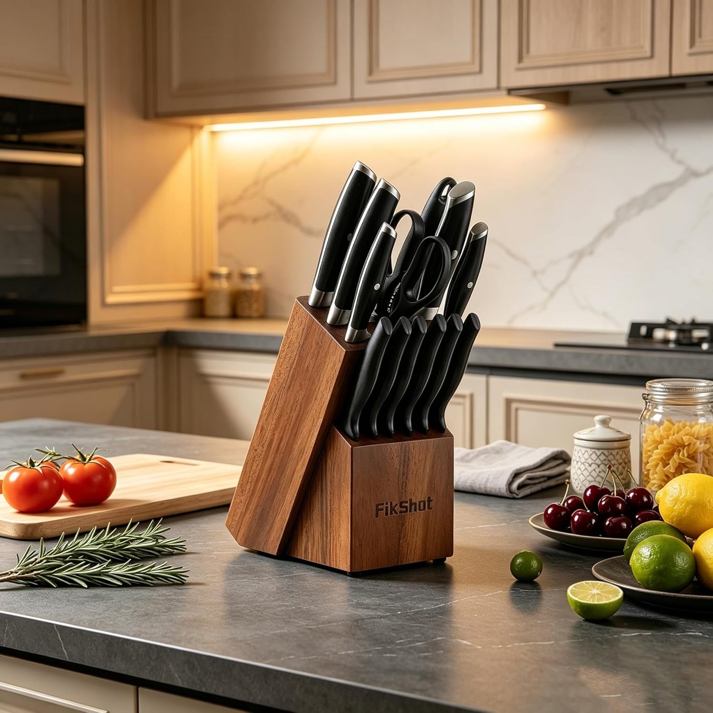 Fikshot Knife Set – German Stainless Steel, Ultra-Sharp, 14-Piece with Knife Block & Sharpener, Full Tang Black Handle, Rust-Resistant, Dishwasher-Safe for Kitchens, Gift for Chefs