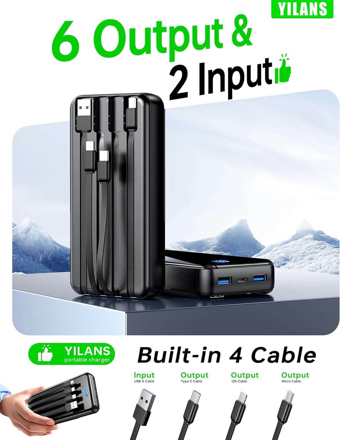 Portable Charger,50000mAh Power Bank Built-in Cable, 22.5W PD USB C In & Out Fast Charging, External Battery Pack with 6 Output & 2 Input, Travel Camping Essential for iPhone 17/16/15/14/13/12(Onyx)