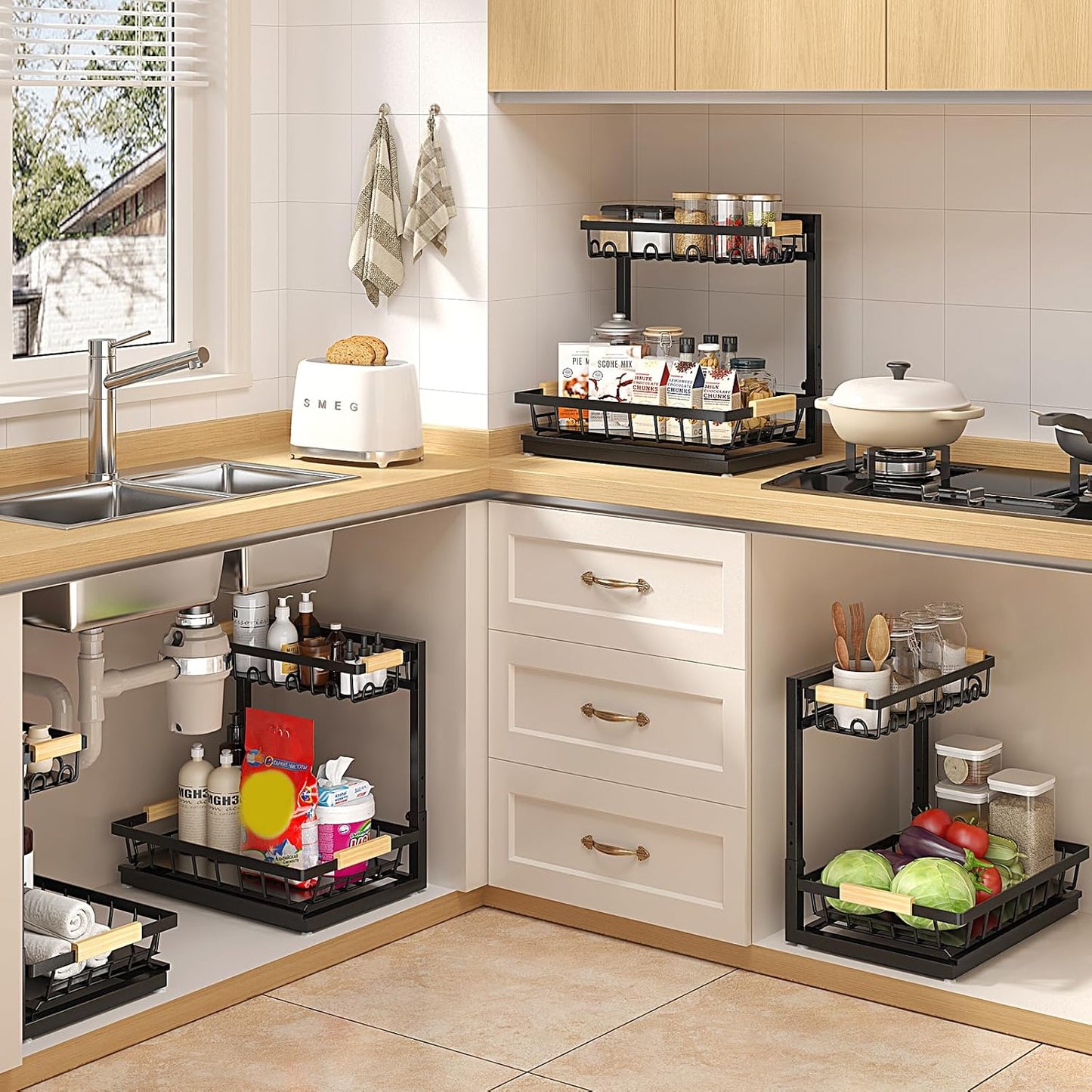 Sevenblue 2 Packs Under Sink Organizer, Height Adjustable 2 Tier Under Kitchen Sink Organizer, Multi-Purpose Storage Shelf for Kitchen Bathroom Cabinet (Black, Large)