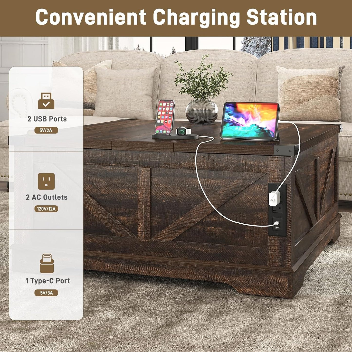 Hlivelood 40” Large Farmhouse Lift Top Coffee Table with Power Outlets and Large Hidden Storage, Square Wood Living Room Tables, Multi-Function Lift Wooden Barn Door Center Table, Brown
