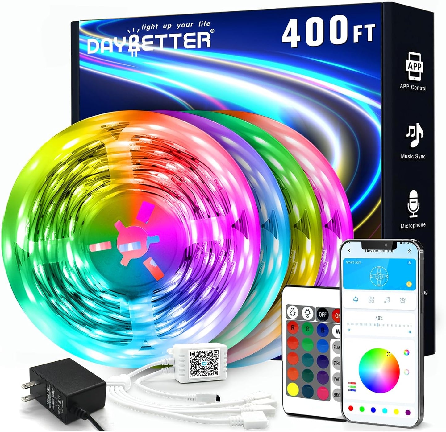 DAYBETTER LED Strip Lights 200 ft (2 Rolls of 100 ft), Smart App Control Lighting Bedroom Rome Decor with Remote, RGB Music Sync Color Changing LED Lights for Party