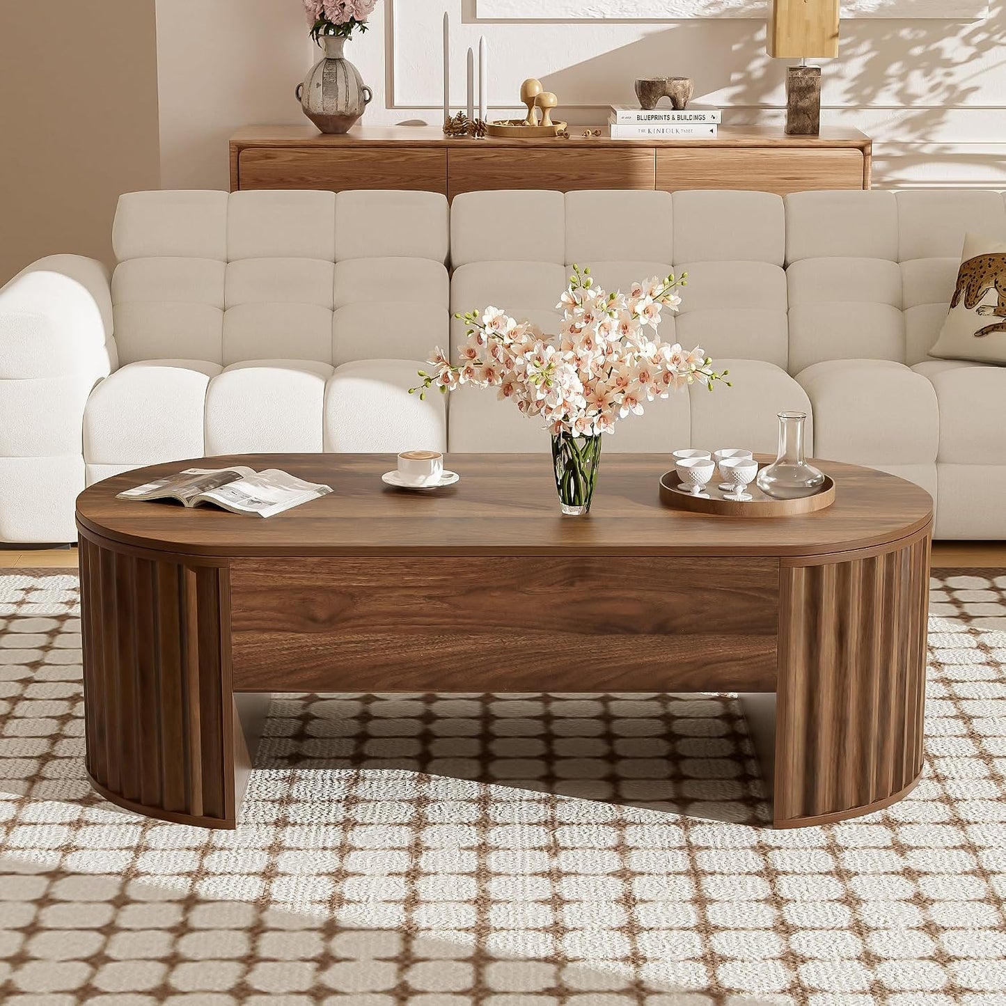 47.2" Lift Top Coffee Table with Hidden Compartment, Modern Oval Fluted Wooden Center Table Cocktail Tea Table with Curved Safety Corners and Adjustable Height for Living Room, Brown