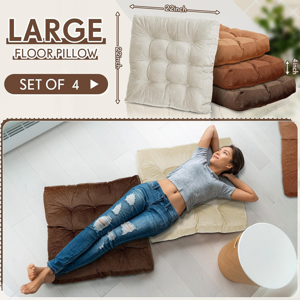 Jerify Brown 4 Pcs Large Floor Pillow Cushion,Square 22 x 22