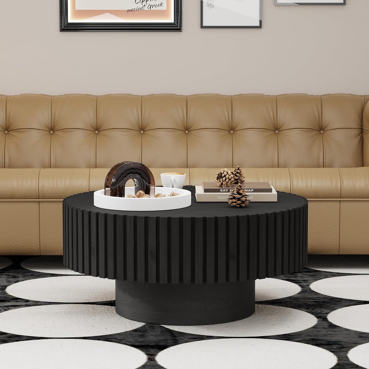 Modern Round Coffee Table for Living Room (Round Black) | Drum Round Fluted Coffee Table, Circular Pedestal Center Table, for Office Patio
