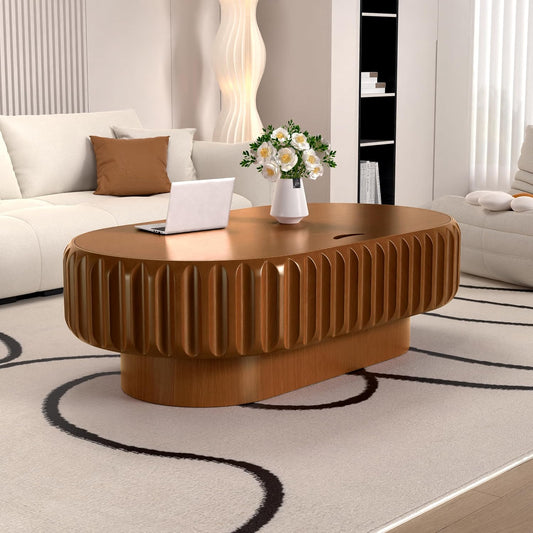 43.3 Inch Oval Drum Coffee Table with Storage (A Brown 43.3 in) | Handcraft Fluted Modern Wooden Cocktail Table, Sturdy Pedestal, Oval Center Table for Living Room, Apartment Organization
