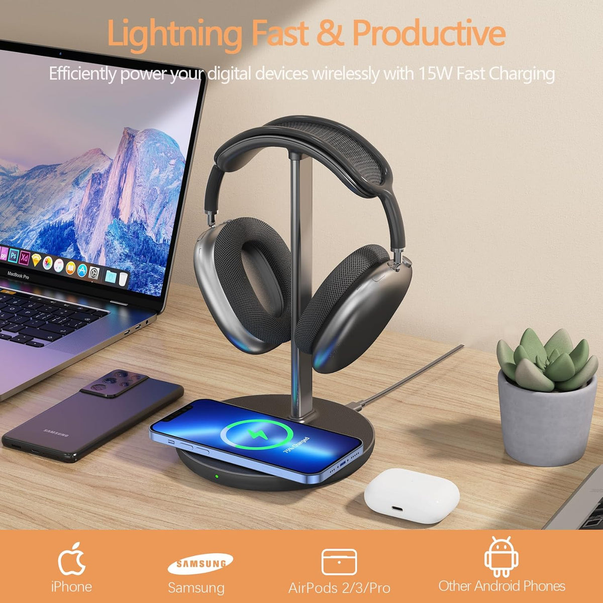 Hiwe Headphone Stand with Wireless Charger, Headset Holder for Desktop