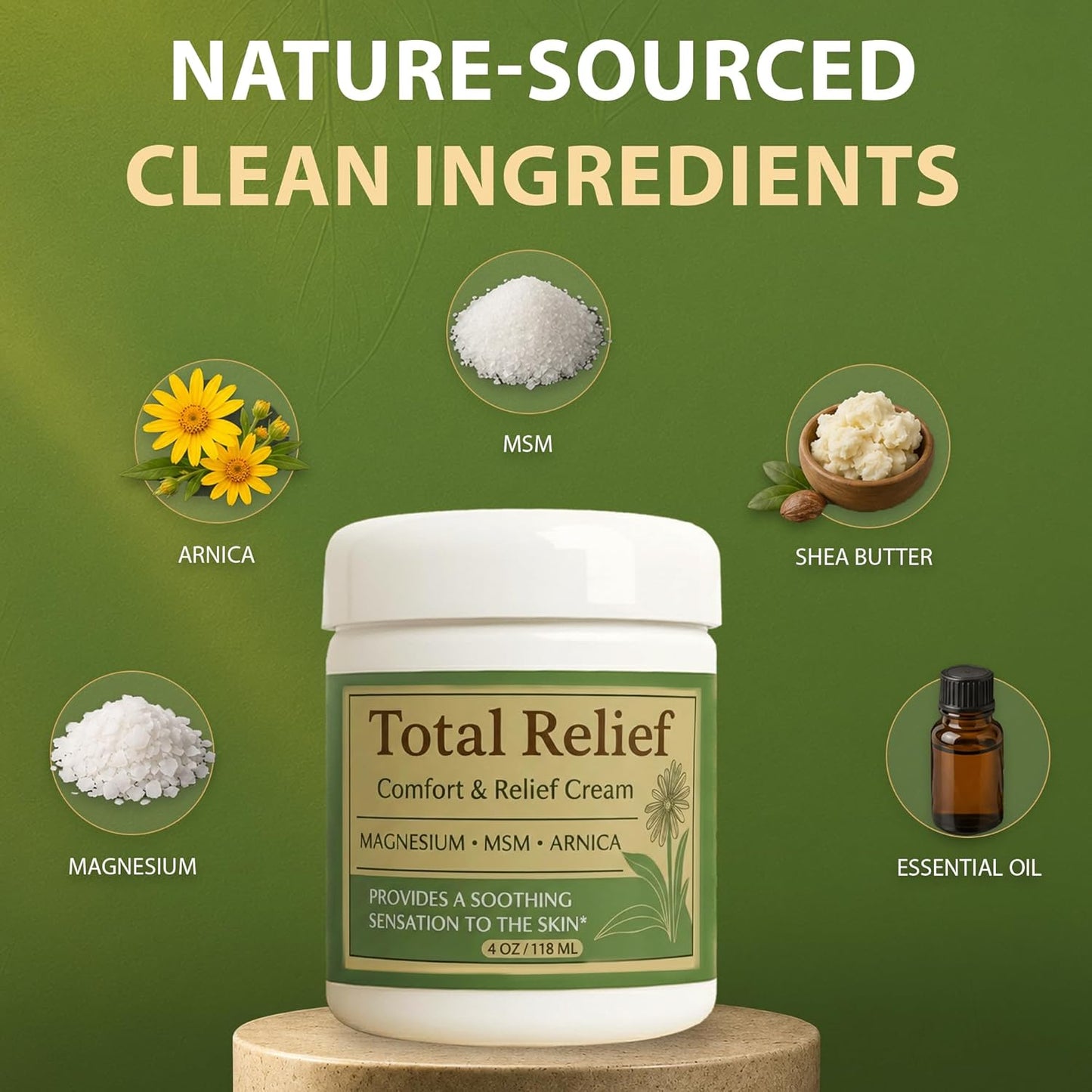 Official Total Relief - Magnesium Cream - Soothing Topical Lotion for Muscles, Joints & Legs - Magnesium Chloride with MSM, Arnica & B6 - Lightweight & Fast-Absorbing - 4 Fl Oz (Pack of 1)
