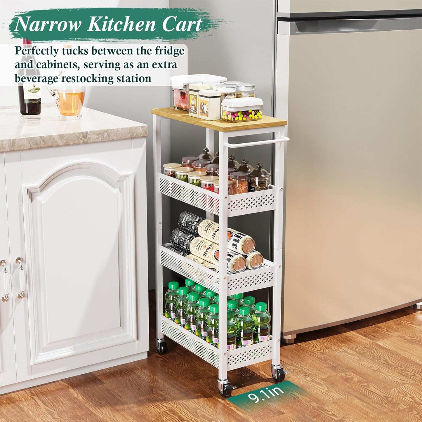 OKZEST Utility Slim Storage Cart, 4-Tier Narrow Bathroom Organizers and Storage Cart, Narrow Metal Kitchen Laundry Room Organization Shelf with Wood Top, Slim Rolling Carts with Wheels for Small Space