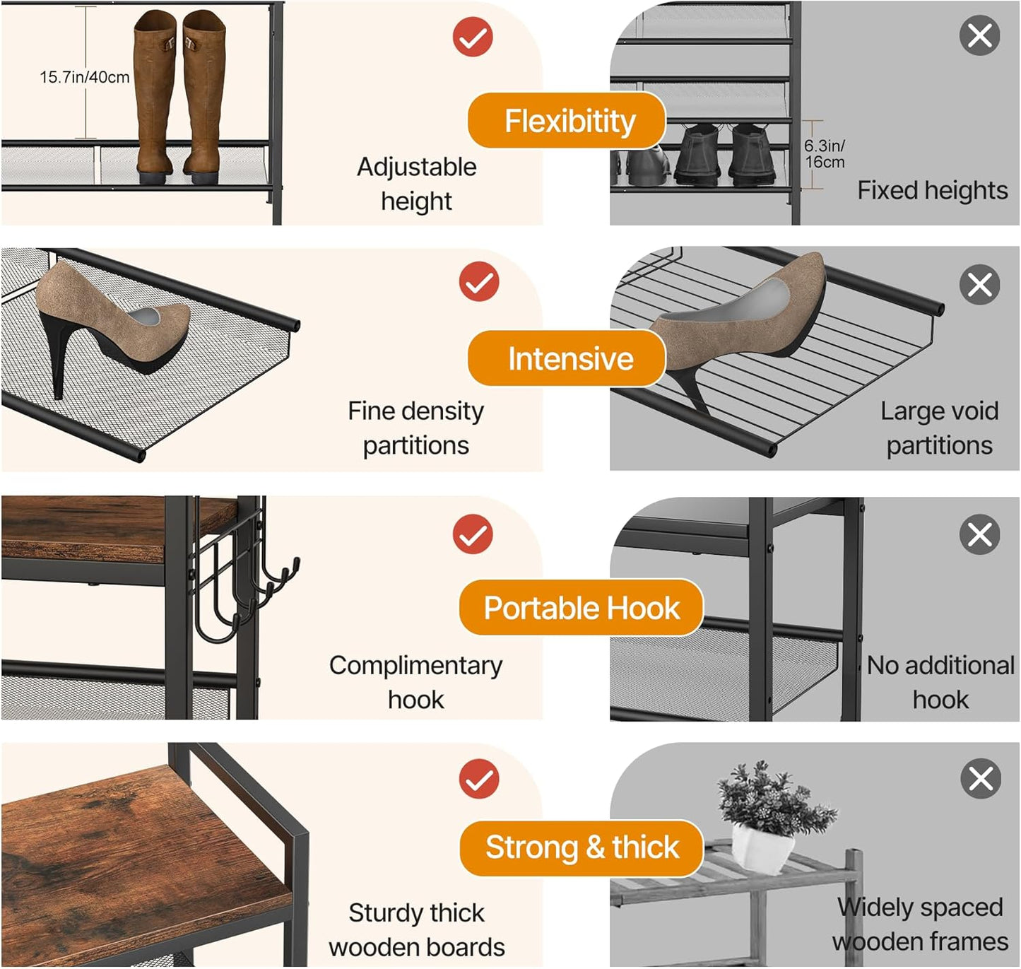 4 Tier Shoe Rack, Shoe Rack for Entryway with Hook, Shoe Organizer with Adjustable Mesh Shelves, Metal Shoe Storage, Closet, Bedroom Living Room Garage