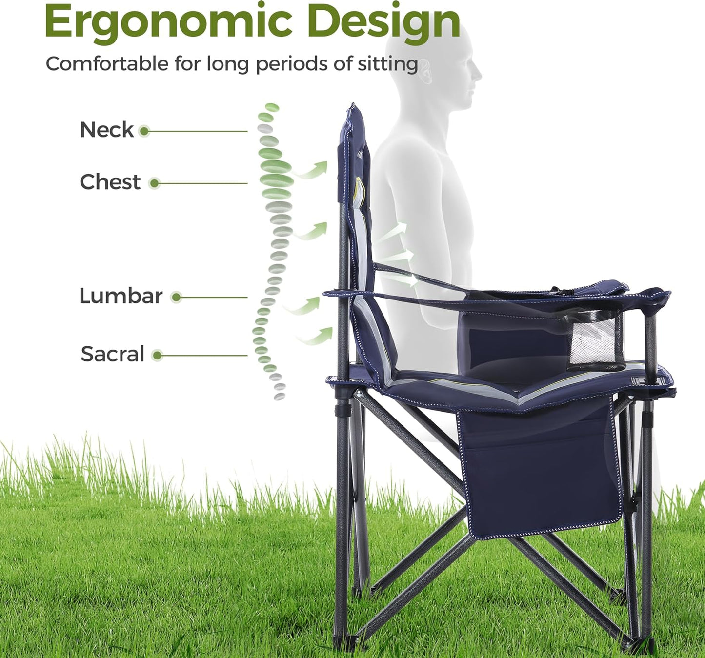 ALPHA CAMP Heavy Duty Camping Chair 500LBS Capacity, Oversized Folding Chair for Heavy People, Padded Portable Outdoor Chair with Cooler Bag & Cup Holder for Camping, Fishing, Beach