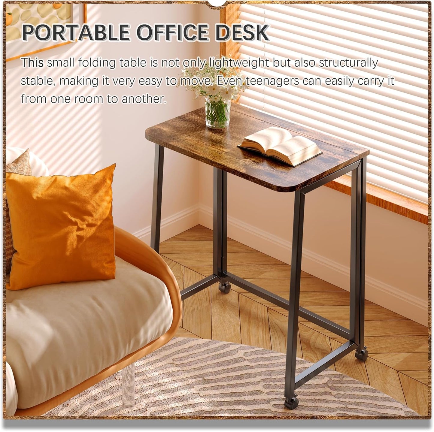 4NM 23.6" Mobile Small Folding Desk, Foldable Rolling Computer Home Office Desk, Study Writing Table for Small Space Saving Bedroom, with Wheels - Rustic Brown and Black