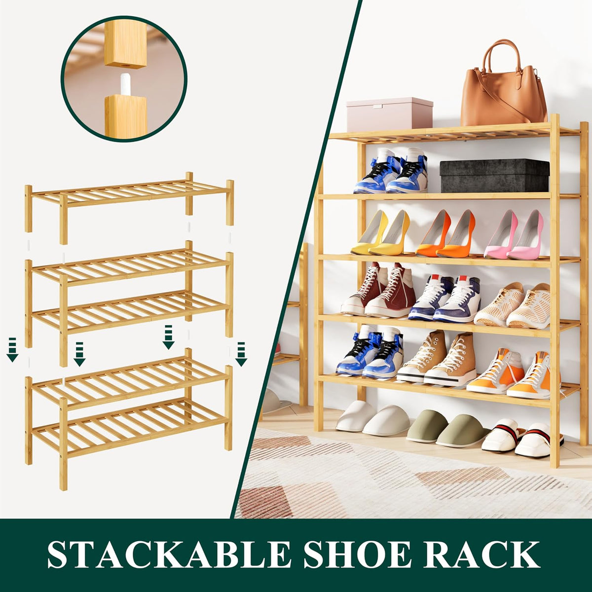 Smiry Bamboo Shoe Rack, 12 Vertical Slats, 2 Tier - 26.8" Wide, Natural