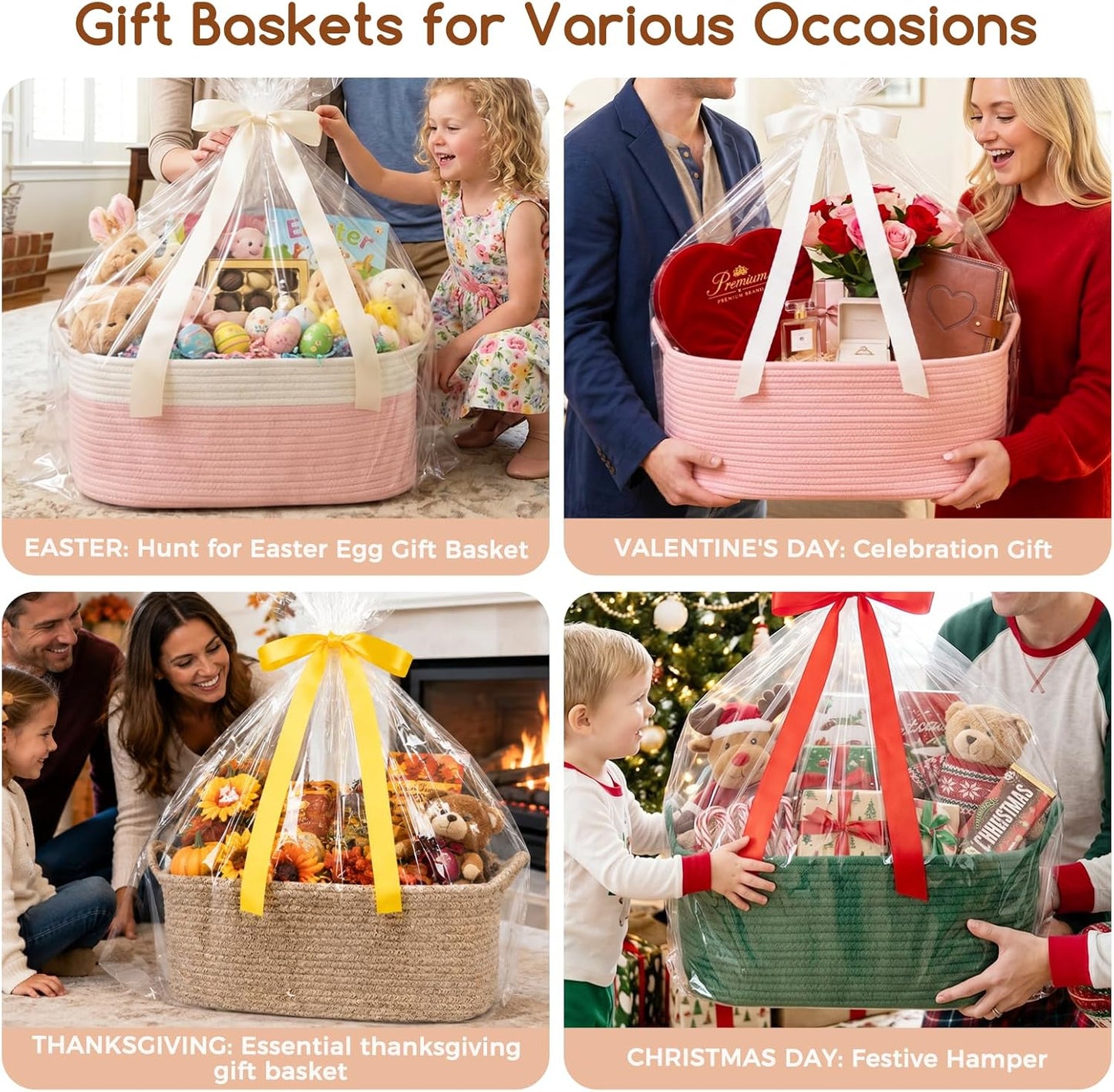 OIASKET Large Empty Cotton Rope Gift Basket with Handles, 16.5"x12.6"x7" Decorative Woven Storage Basket with Gift Bag and Ribbon Set for Baby Shower, Toy Organizer for Kids, Dogs & Cats - Pink