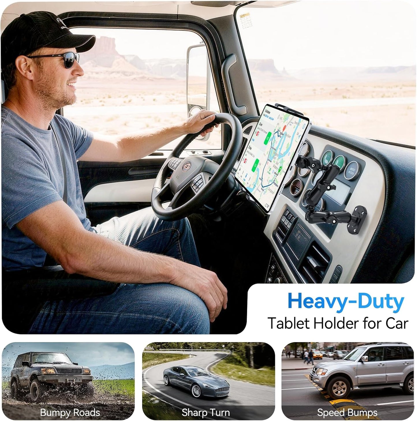 OHLPRO Heavy Duty Drill Base Tablet Mount for Car & Truck Dashboard Holder with 360 Adjustable 3-Stage Arm for 5-13" iPads Tablets & Phones Kindle, Mounting for Commercial Vehicles Boat Wall Desk