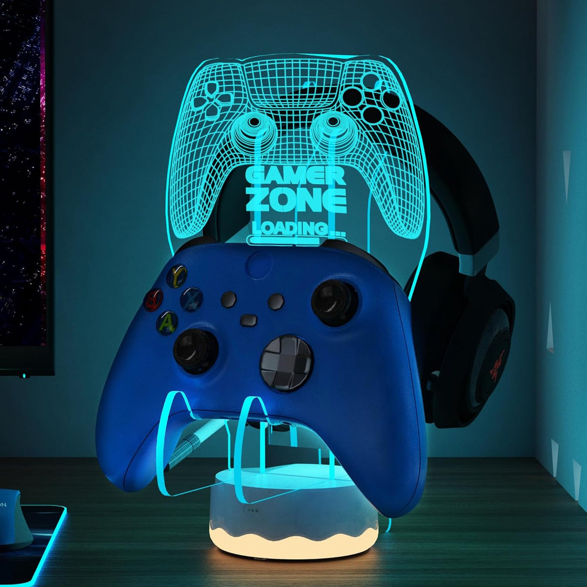 CoolGift Mart Light Up Headset and Controller Stand, 16 Colors 3D LED Lights Gamepad Headphone Holder with Remote Control, Game Controller Hanger for All Universal Gaming PC Accessories