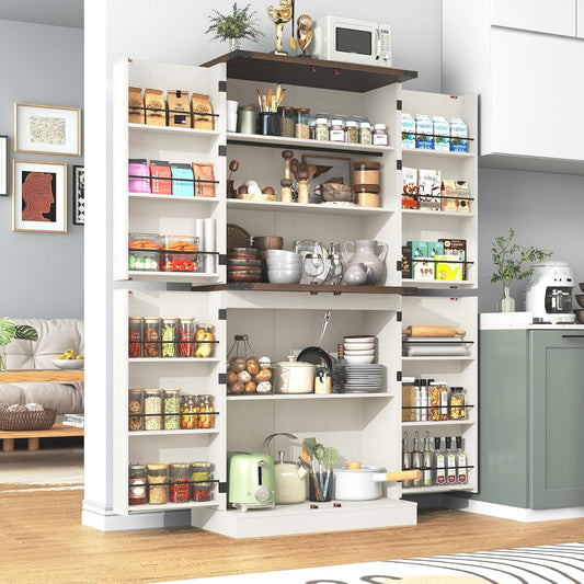 71" Tall Kitchen Pantry Cabinet, Farmhouse Tall Kitchen Storage Cabinet with Adjustable Shelves & 4 Barn Style Doors, Wooden Storage Cabinet for Kitchen, Dining Room, Living Room, Bathroom, Office