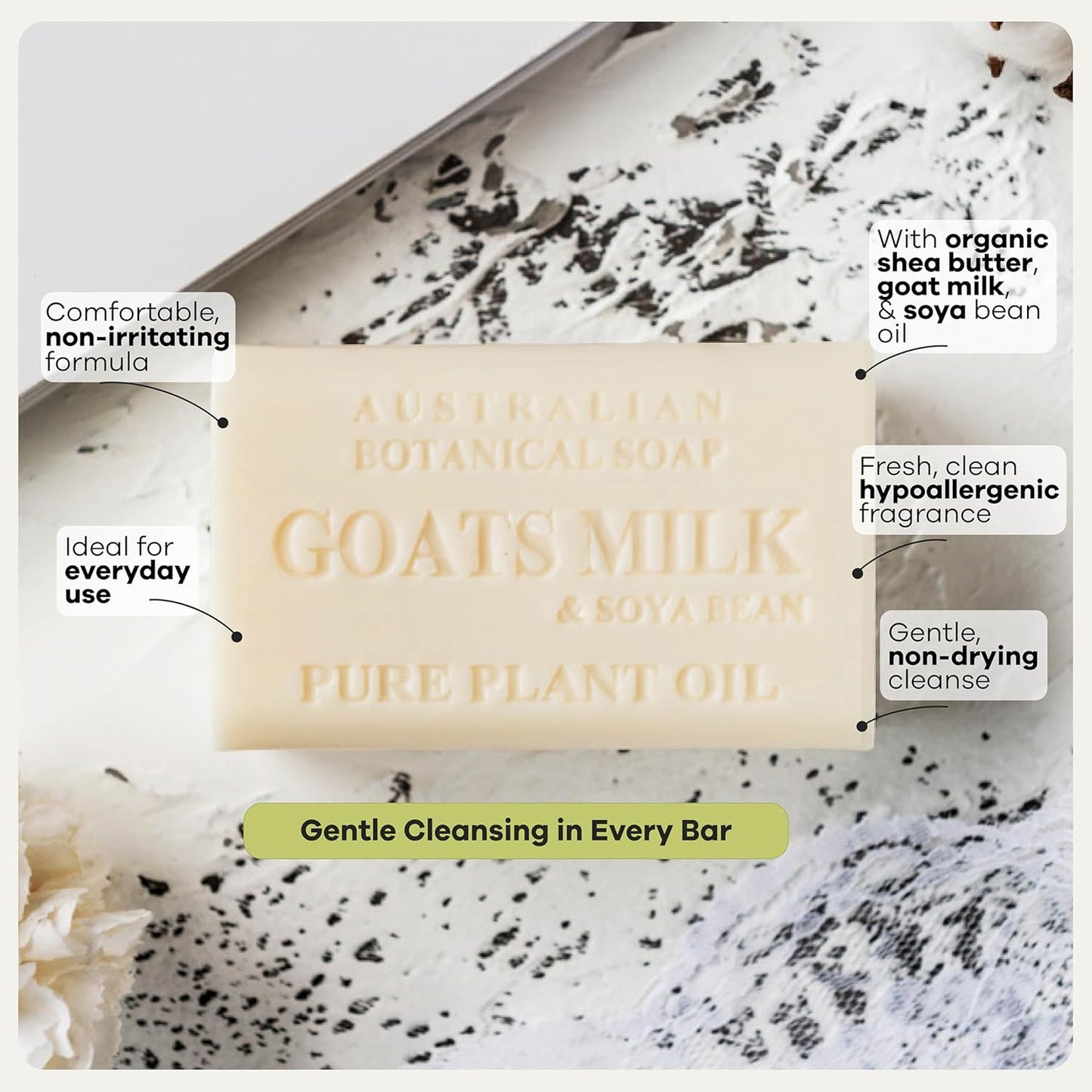 Australian Botanical Soap 6.6 OZ, Pack of 8, Goat Milk Soap Bars with Soya Bean Oil, Enriched with Organic Shea Butter, Suitable for All Skin Types, Packaging May Vary