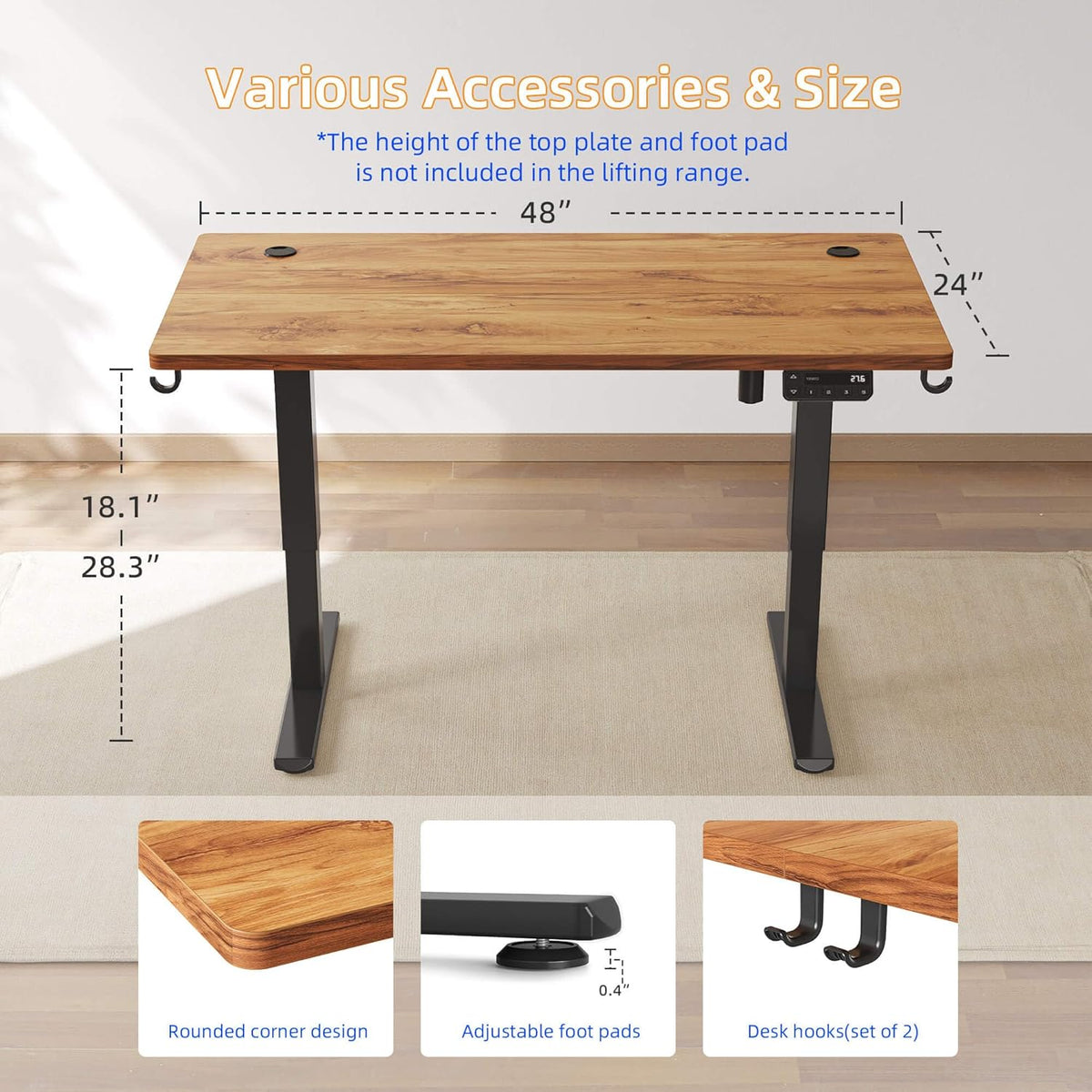 YIHAYO Low Height Adjustable Desk, Lifts 18.1-28.3 Inches, Electric Standing Desk for Short People, 48 x 24 Inches Computer Table with Splice Board for Home Office, Rustic Brown