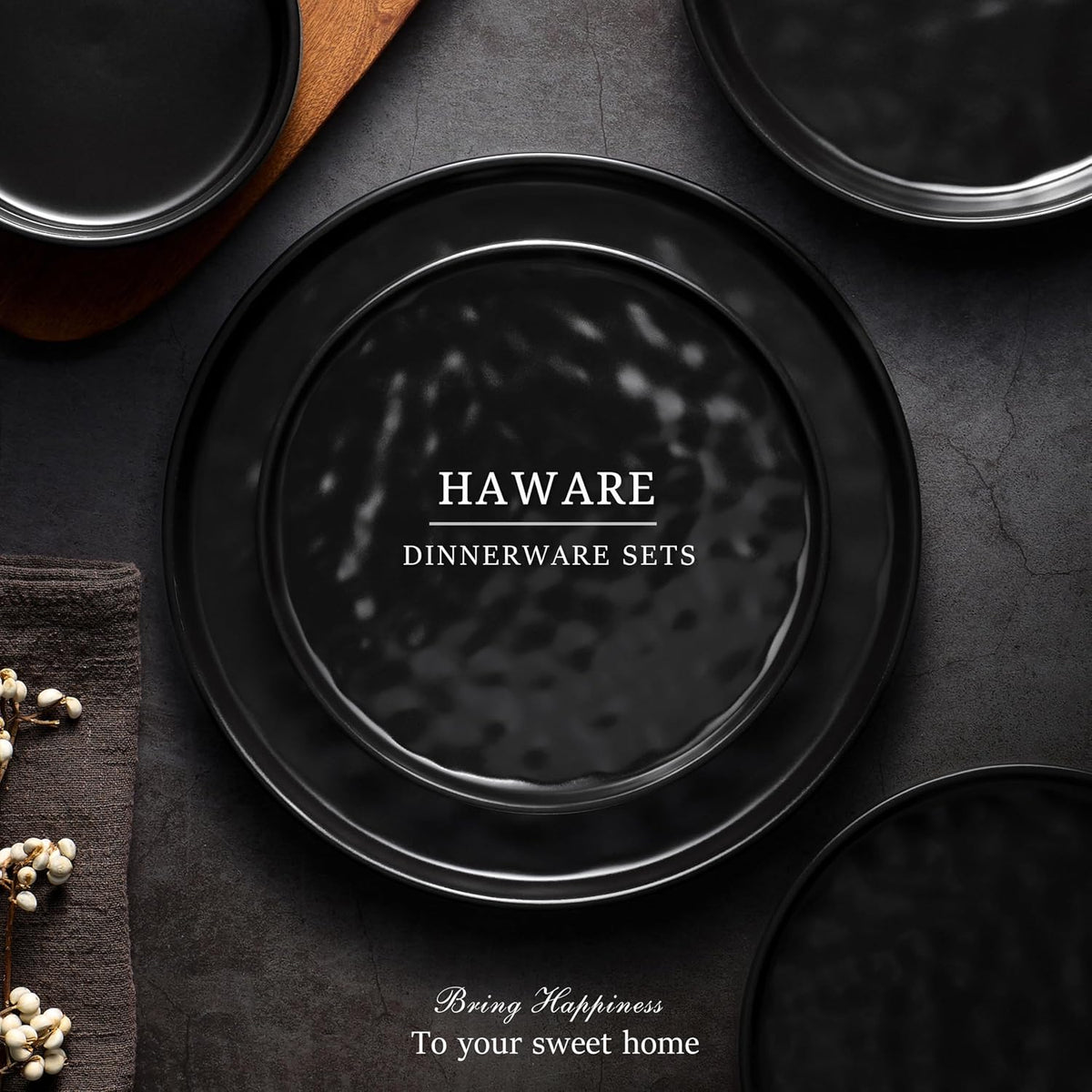 HaWare Dinnerware Sets, 18-Piece Plates and Bowls Set, Matte Black