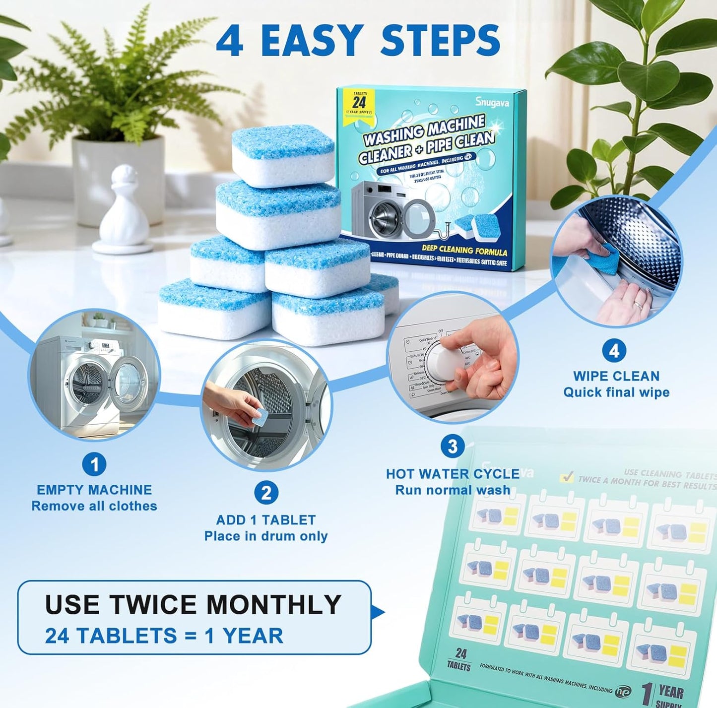Washing Machine Cleaner Tablets and Deodorizer: 24 Pack Laundry Machine Tub Descaler Cleaner, Deep Cleaning Household Pods for HE Front Loader Top Load Washer, Septic-Safe Eco-Friendly - 1 Year Supply