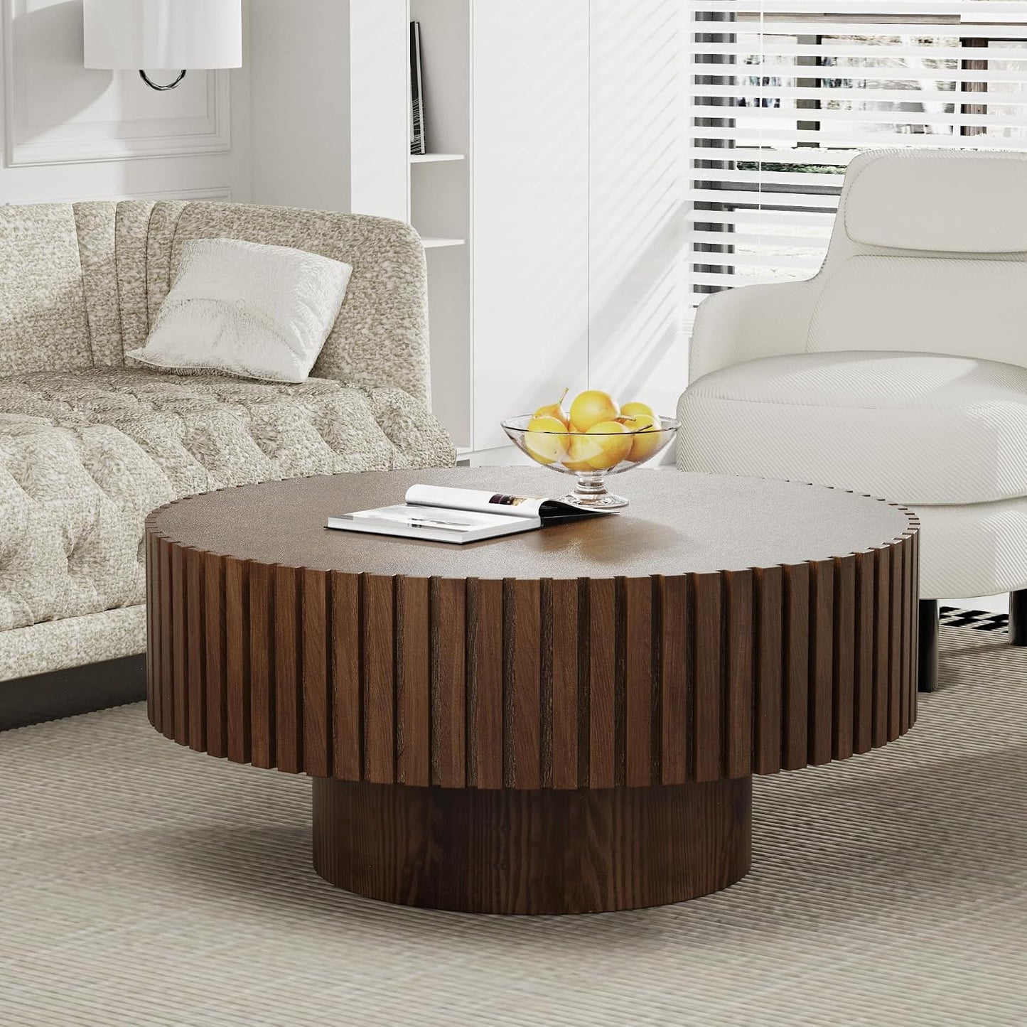 Mid Century Modern Round Fluted Coffee Table (J) | Handcraft Drum Coffee Table, Sturdy Pedestal, Wood Veneer Top, for Living Room Reception Room Farmhouse