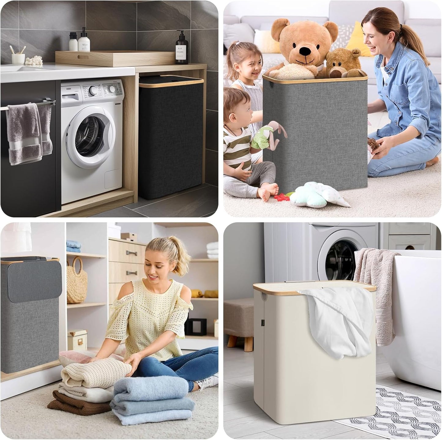 BALEINE Laundry Hamper with Lid, Tall Laundry Baskets with Bamboo Pull Handles, Large Laundry Bin with Internal Support (26 Gal/100L, Grey)