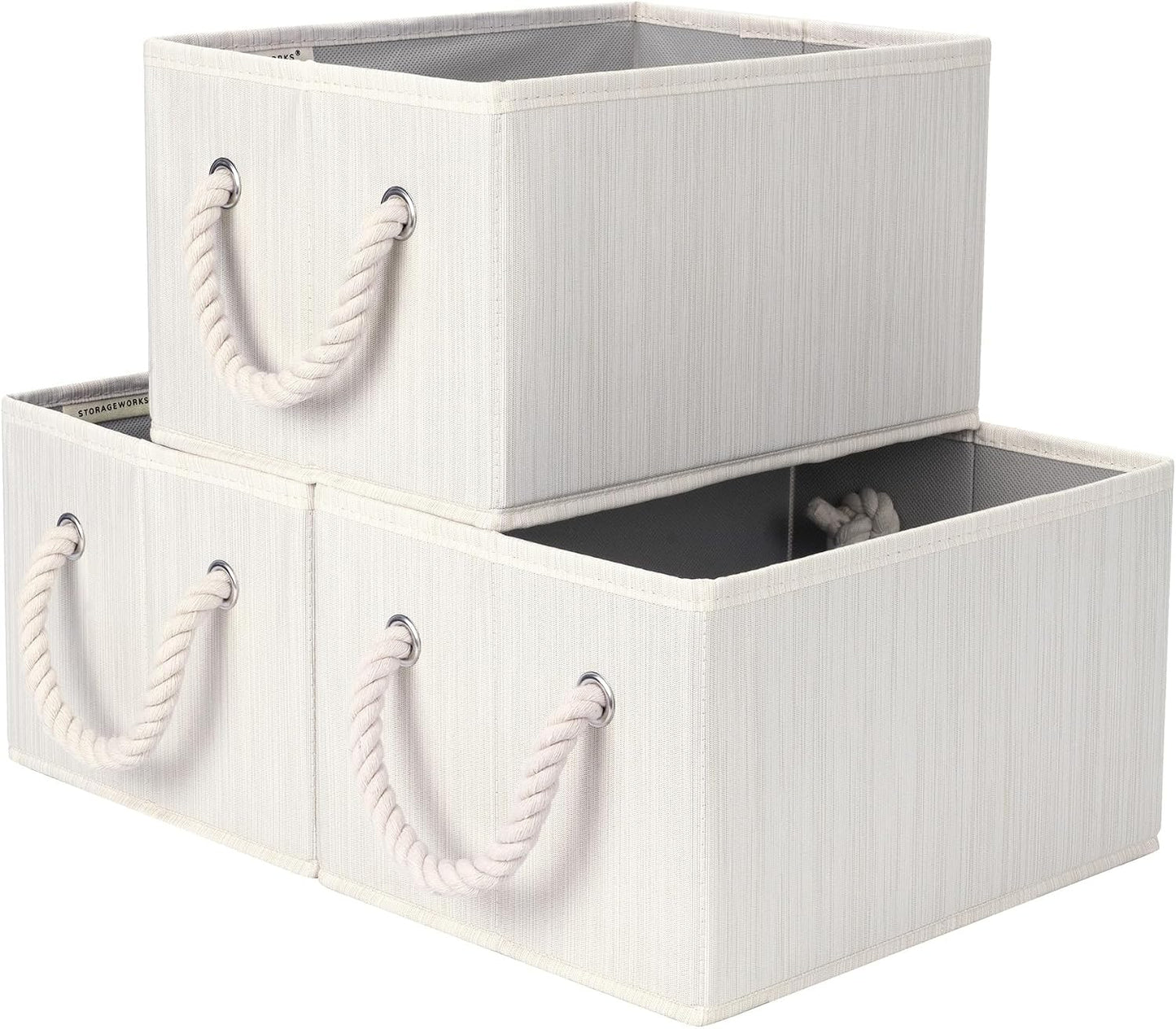 StorageWorks Fabric Storage Bins with Rope Handles, Beige, Small, 3-Pack | Fabric Storage Bins for Shelves, Storage Baskets for Closet Organization, Organizer Bins for Clothes Storage