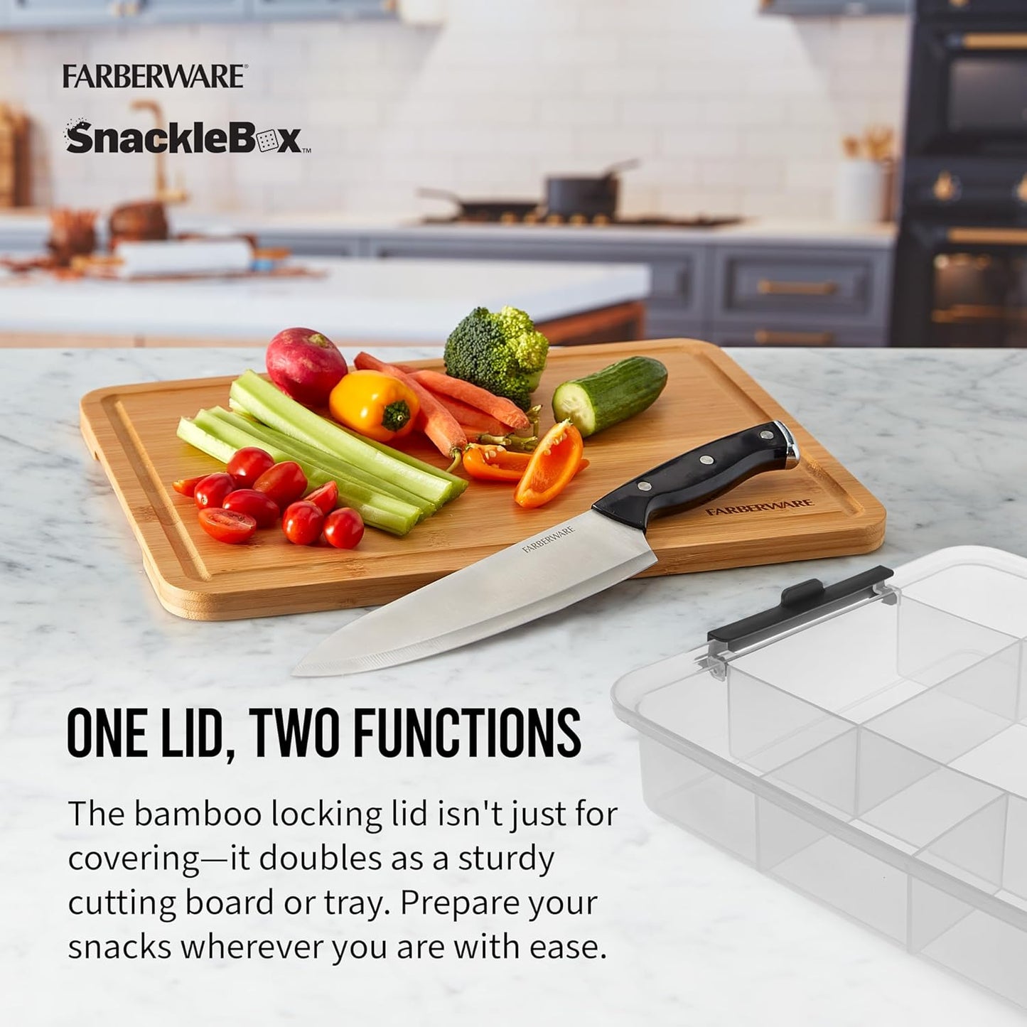 Farberware Build Snacklebox Serving Tray with Locking Bamboo Cutting Board Lid, Portable Storage Container with Compartments for Charcuterie, and More, Natural
