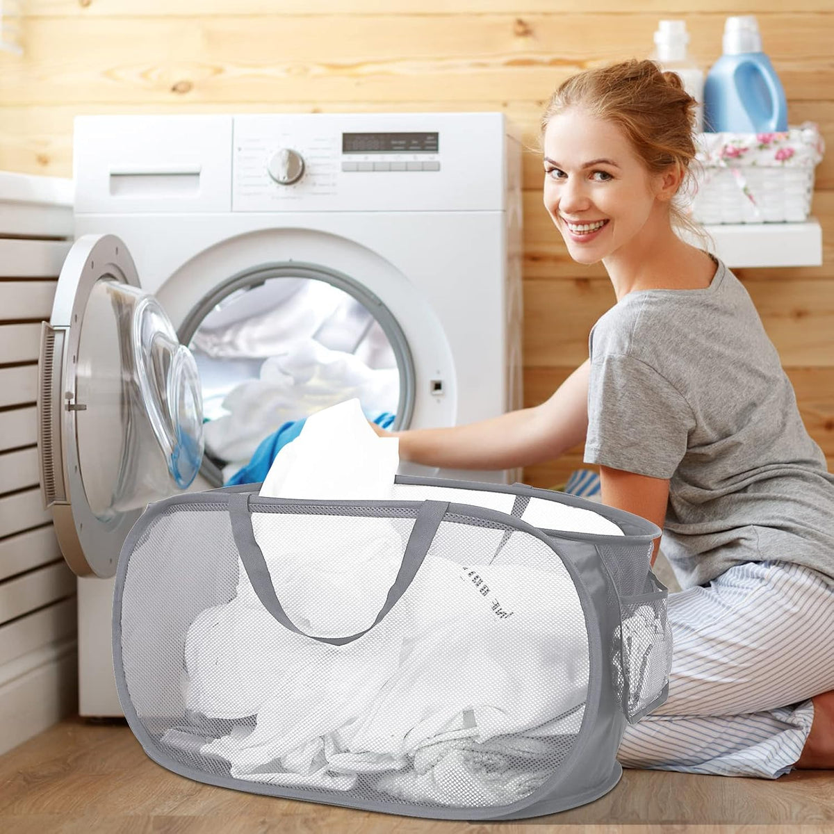 4 Pack Foldable Laundry Basket Hamper, Collapsible Laundry Baskets with Pocket, Mesh Pop Up Laundry Hamper, Clothes Hamper with Reinforced Handles for Laundry, Bathroom, Kids Room, Dorm or Travel