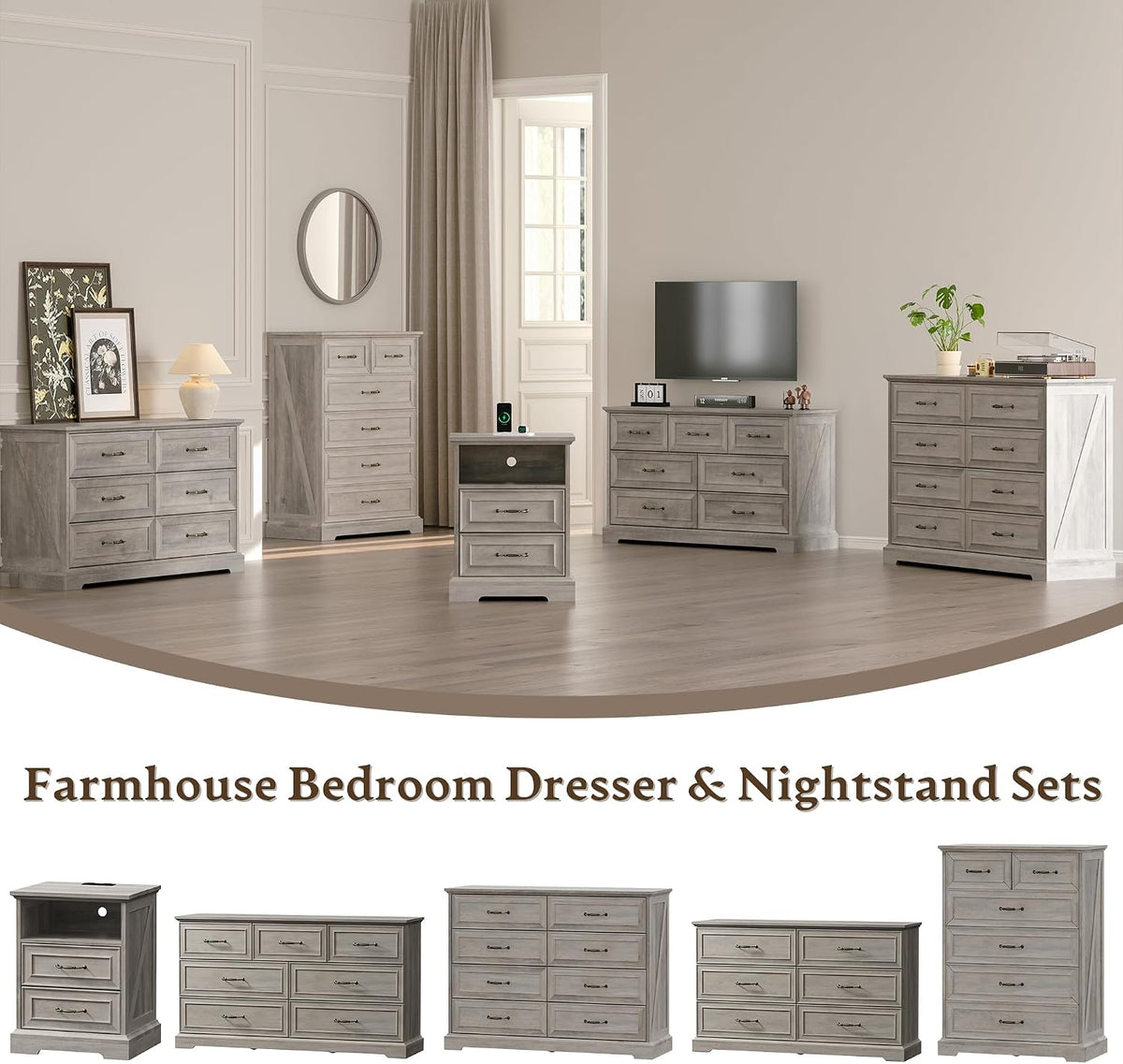 Xixini Nightstand with Charging Station, Farmhouse Light Grey Bedside Table