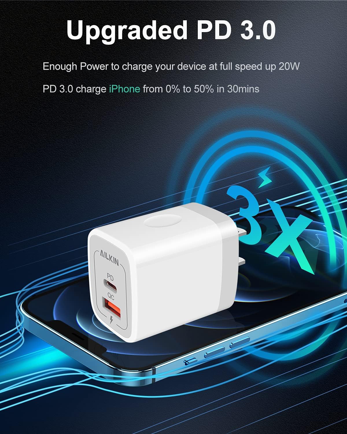 3Pack Dual Port USB-C Wall Plug-in USBC Charger, AILKIN 20W Power Delivery + QC3.0 USB A Double Port Fast Charging Block for iPhone 17 15 14 13 12 Pro Max 14 Pro Mini 16Pro Max 16 Plus 16E X XS Cube