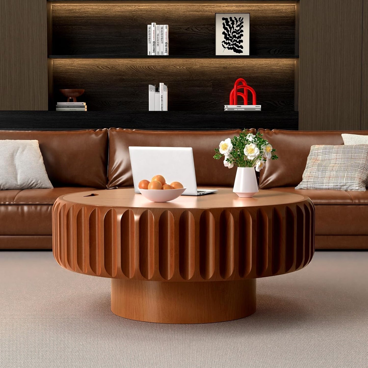 Storage Fluted Drum Coffee Table (A Brown 31.5 in) | Mid Century Wood Drum Shaped Table with Storage Compartment, Removable Lid for Living Room Bedroom, Stylish Retro Furniture