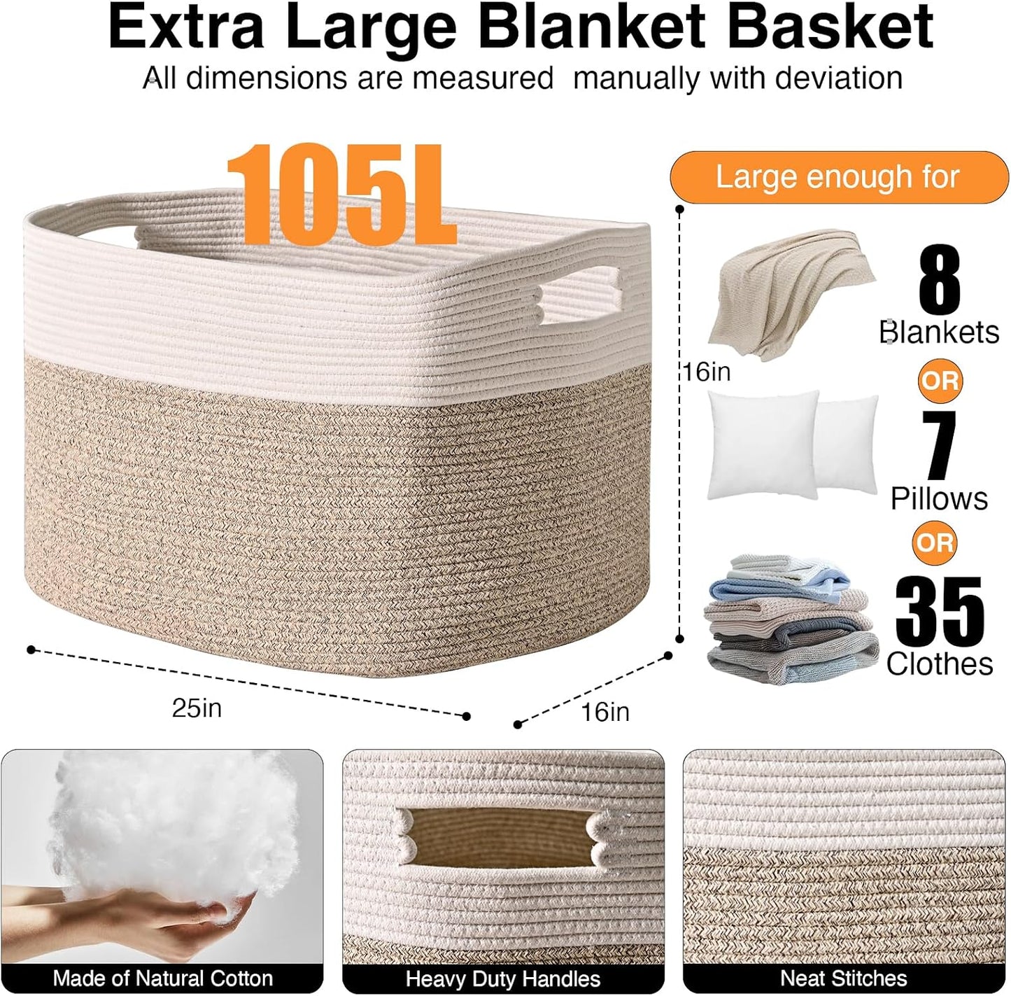 ICERZCZ Extra Large Blanket Basket for Living Room, Rectangle Woven Cotton Rope Storage for Blankets, Toys, Clothes, Shoes, 25”x16”x16”, Off White & Brown, 108L