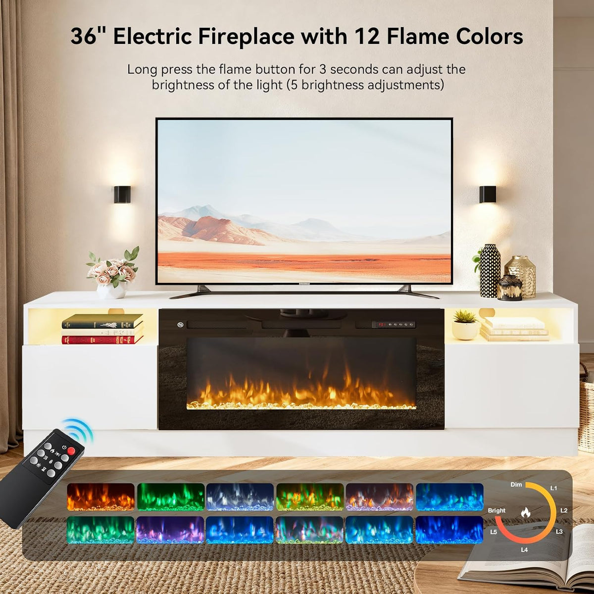 80” TV Stand with 36” Electric Fireplace, Large Modern Media Entertainment Center with Storage Cabinet and 12 Colors LED Lights for TVs Up to 90",White and Black
